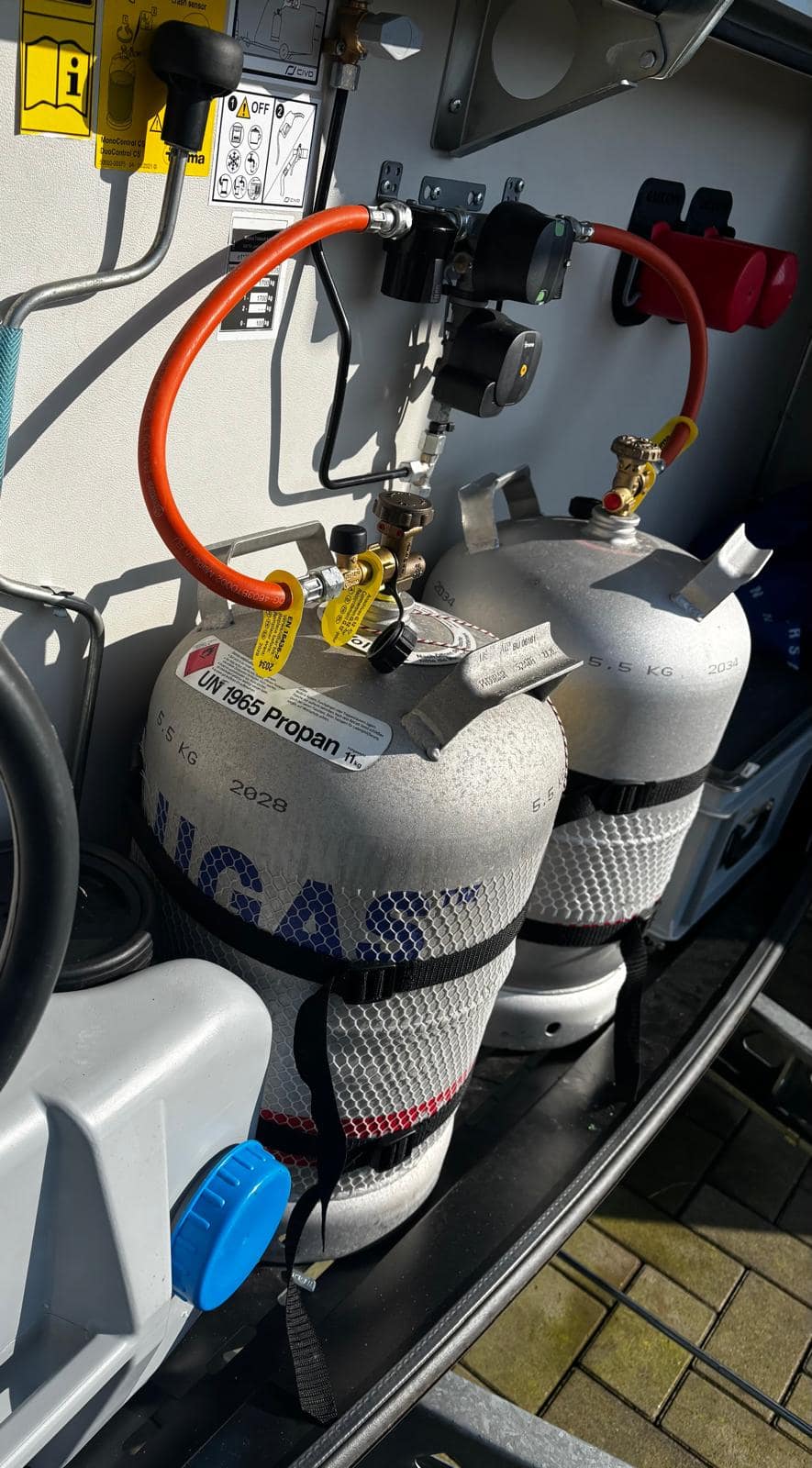 Gaskasten Ordnung im Wohnmobil mit Gasflasche und Gasfilter